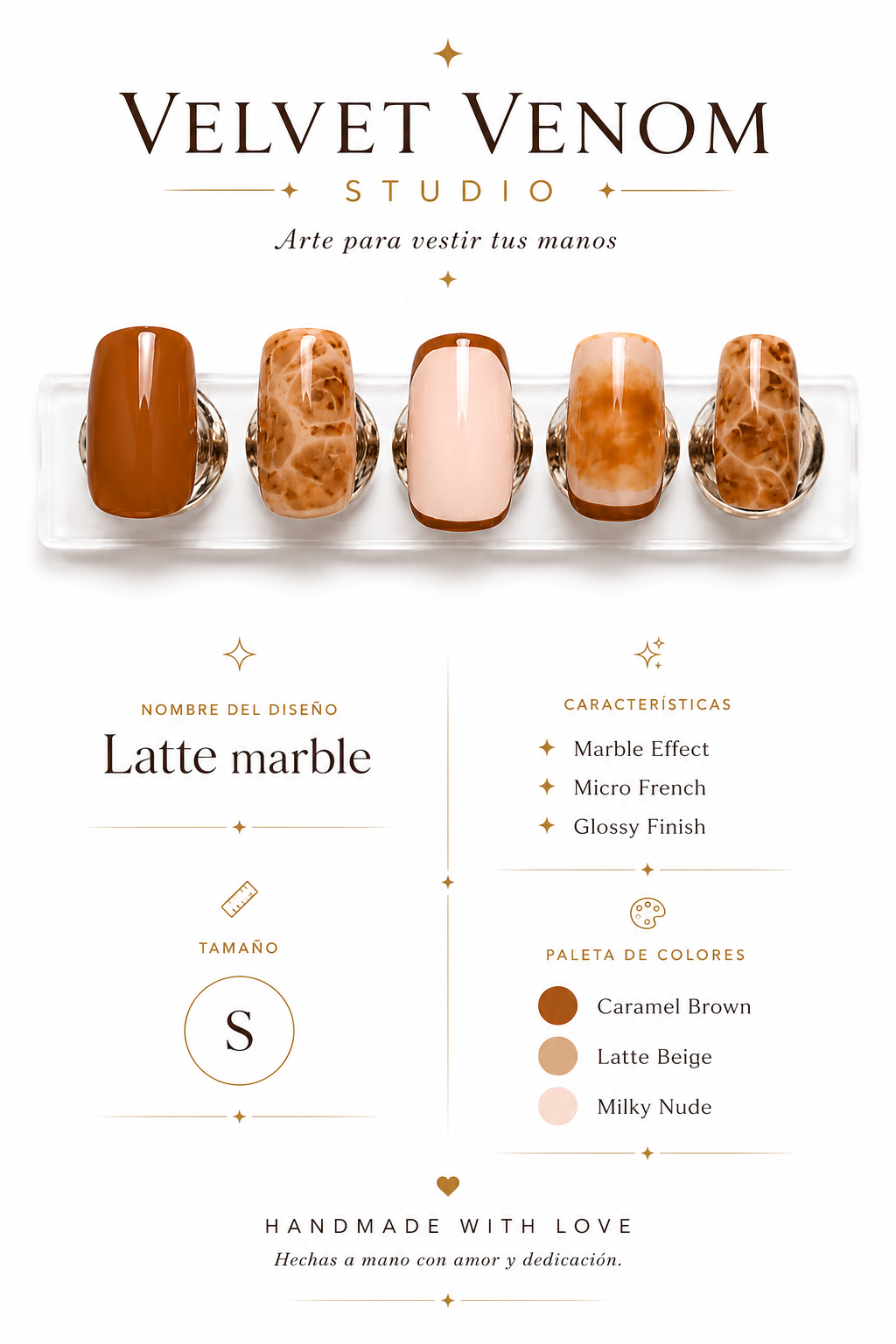 Latte Marble | Press On Nails Reutilizables | Talle S